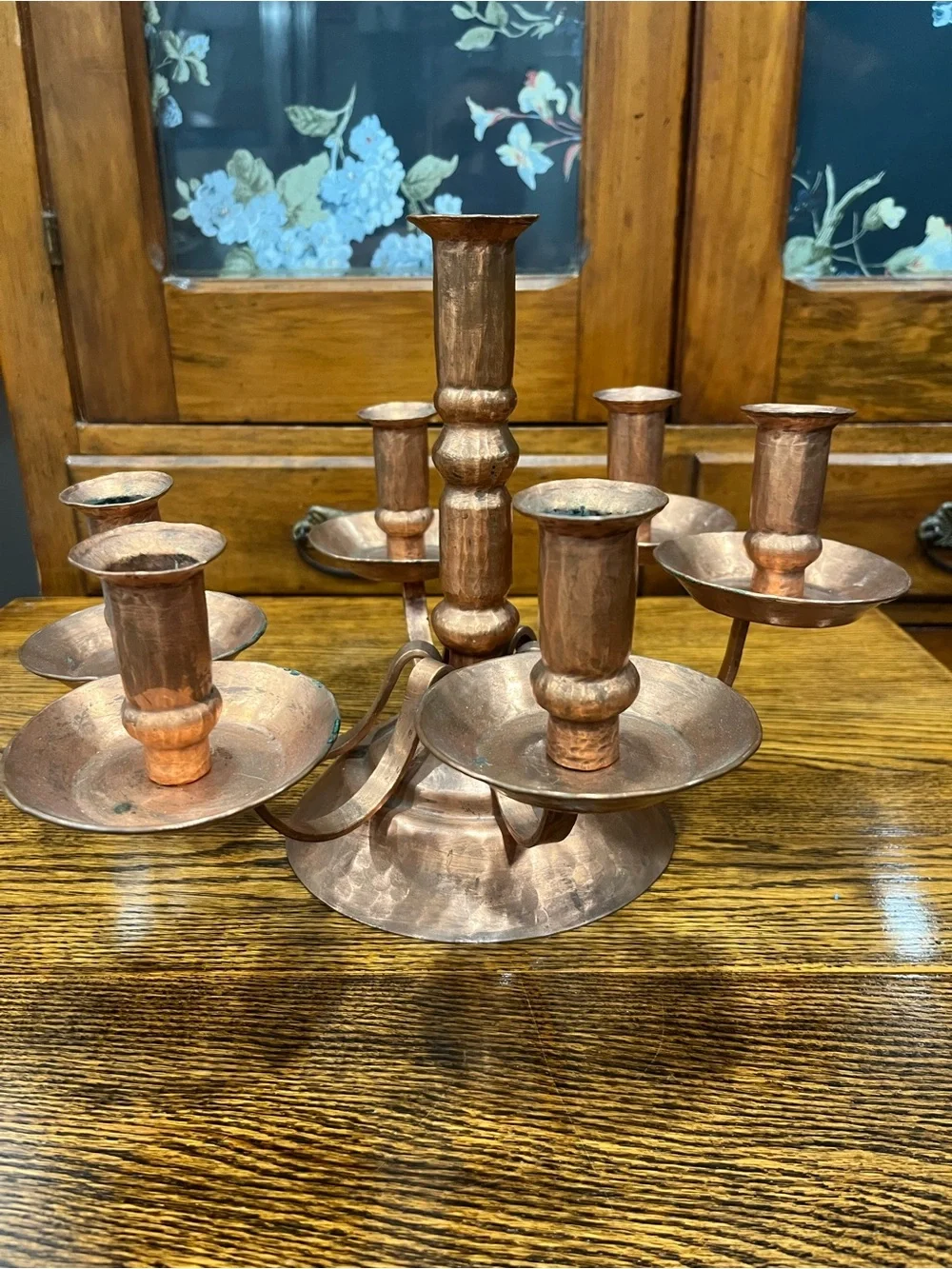 Antique Arts & Crafts Hammered Copper 7 Light Candelabra Handcrafted Mission